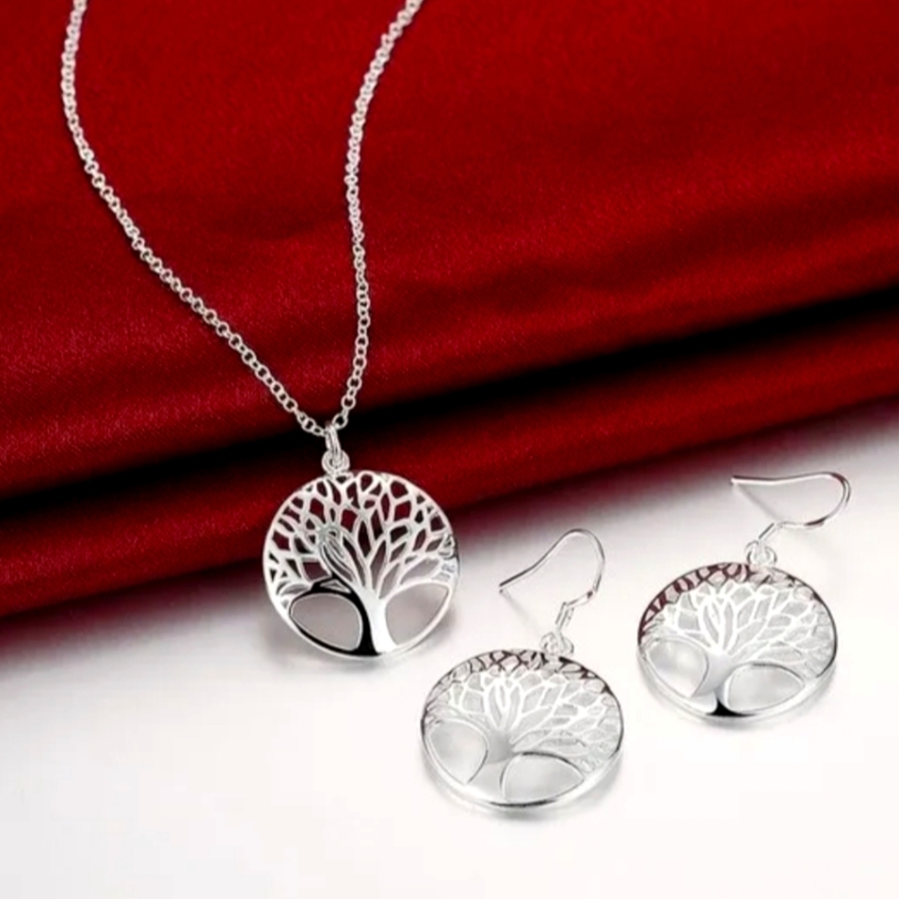 Elegant Silver Tree of Life Necklace and Earring Set